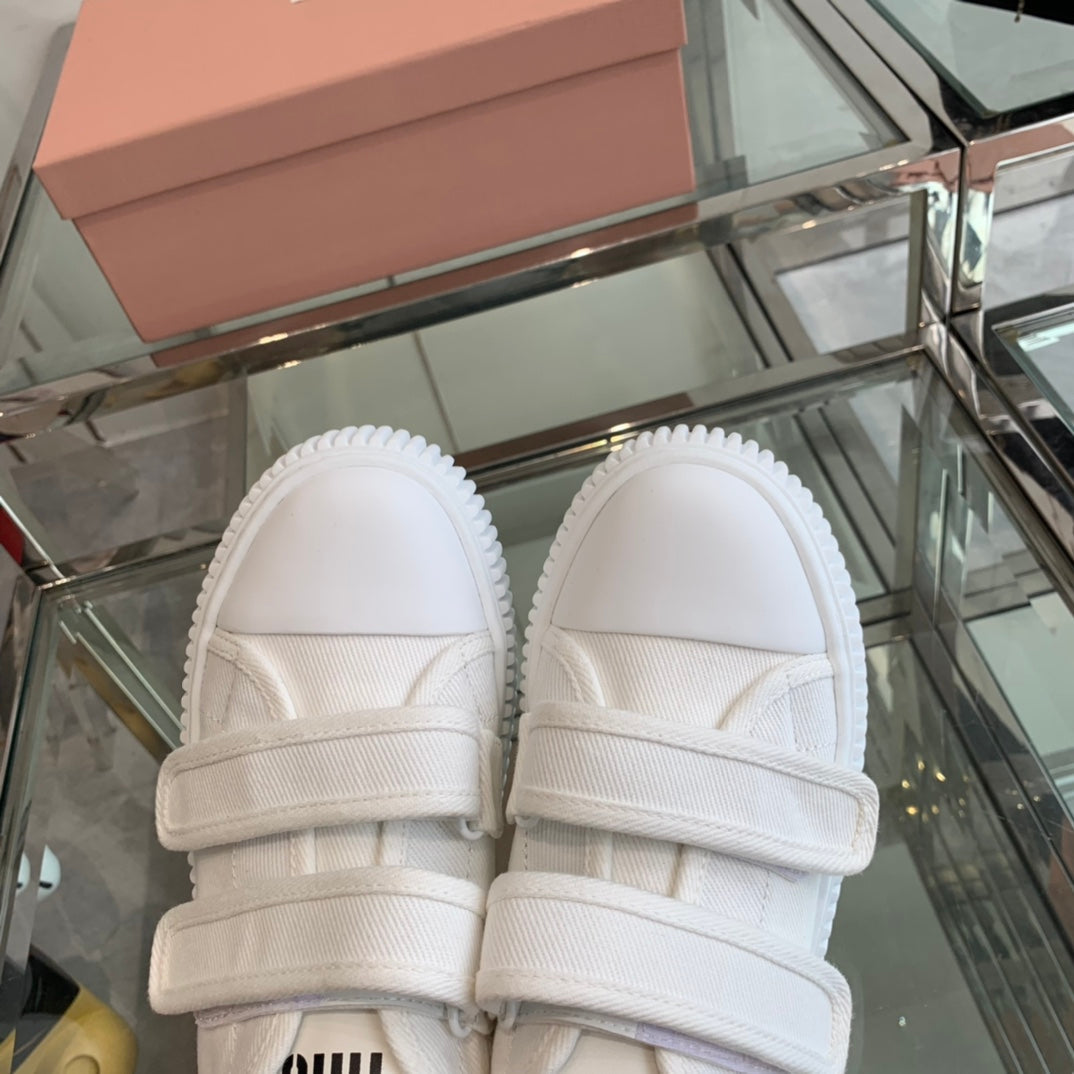 Thick-Soled Denim Sneakers White