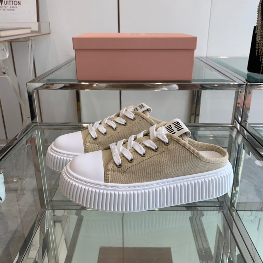 Mule Shoes Khaki And White Canvas