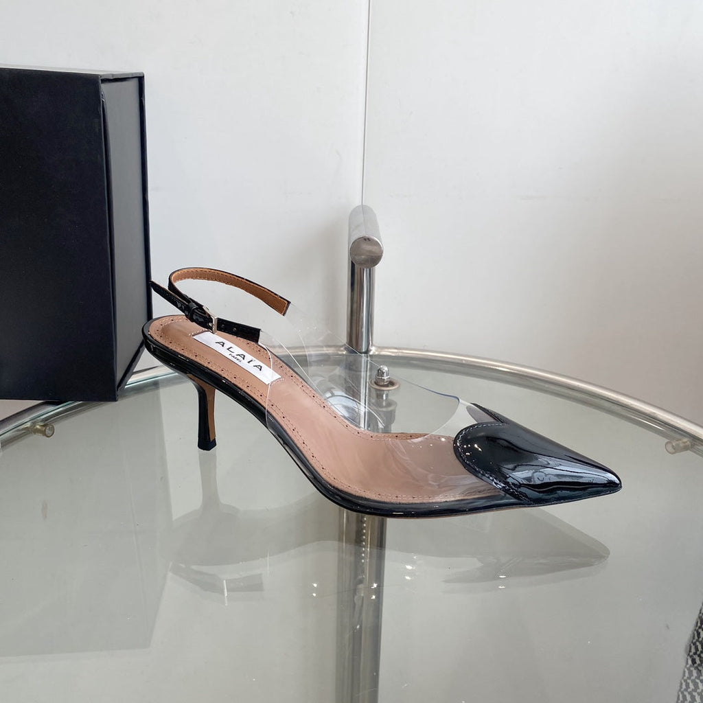 ALAIA HIGH 6 CM SLINGBACK IN BLACK PATENT CALFSKIN AND FILM