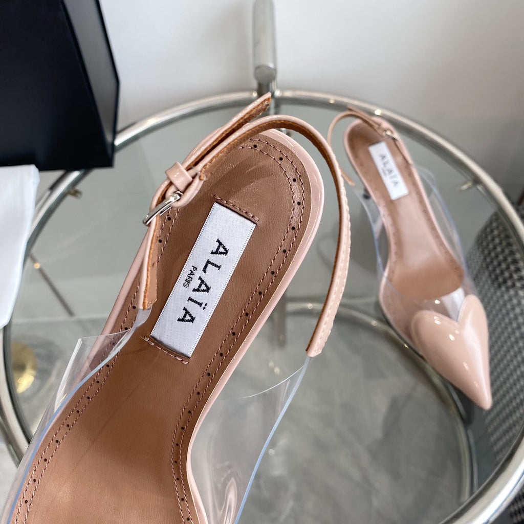 ALAIA HIGH 6 CM SLINGBACK IN BEIGE CREAM PATENT CALFSKIN AND FILM