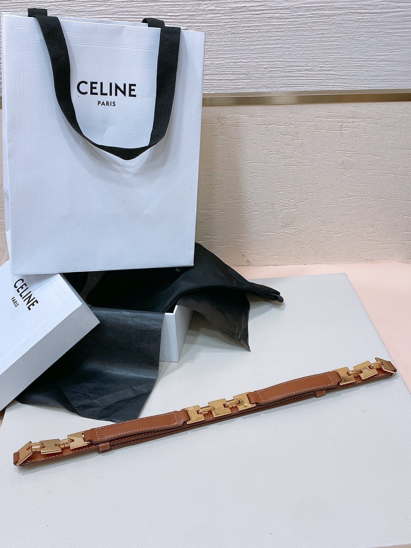 CL SMALL 18 MM SQUARE ADJUSTABLE BELT IN BRONZE BROWN LEATHER GOLD HARDWARE