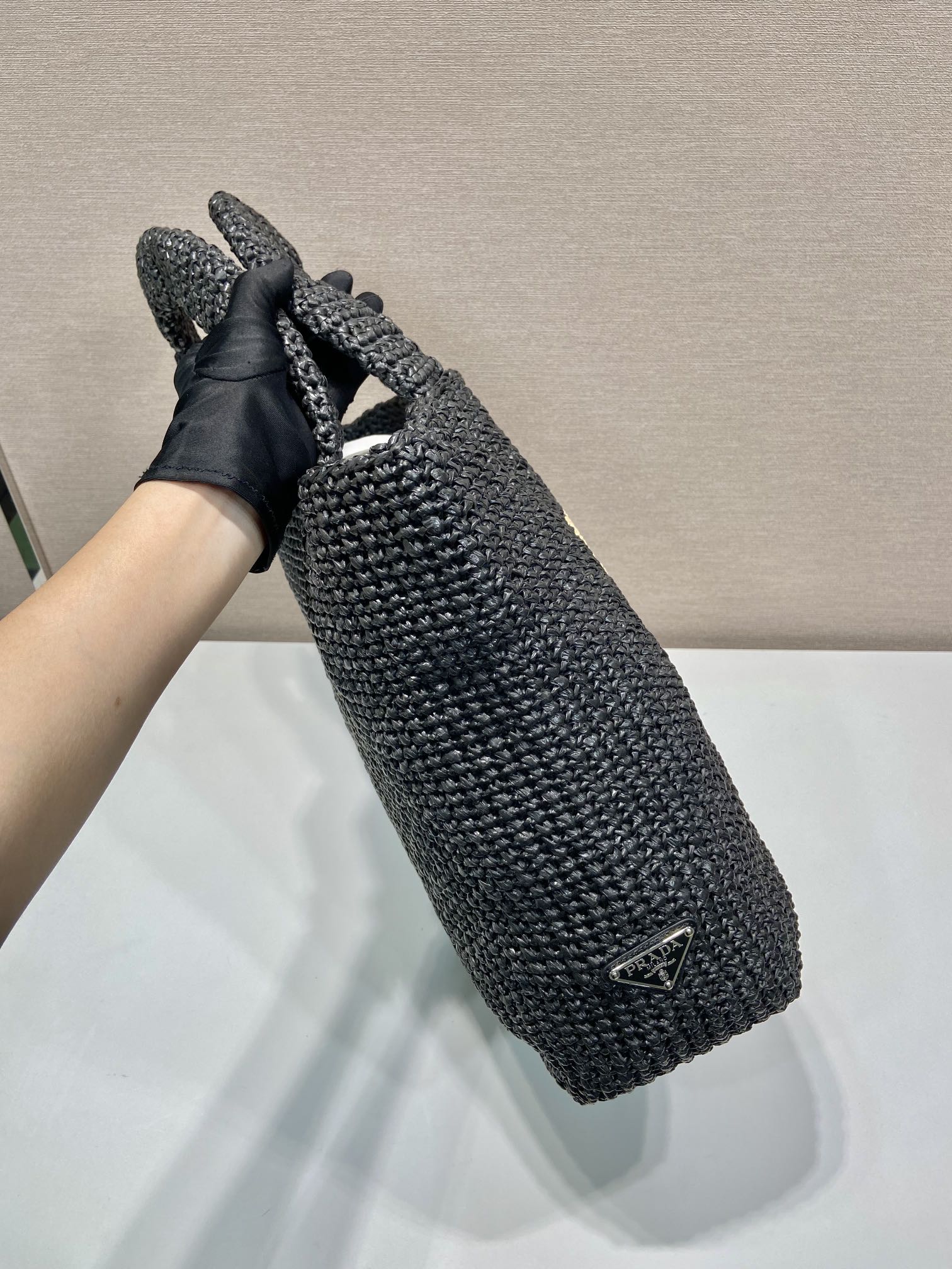 LARGE CROCHET TOTE BAG 47 IN BLACK MIX YELLOW RAFFIA