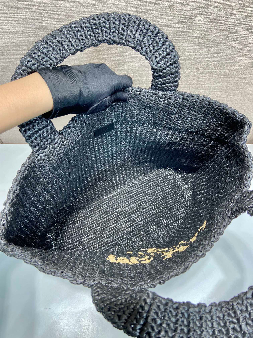 LARGE CROCHET TOTE BAG 47 IN BLACK MIX YELLOW RAFFIA