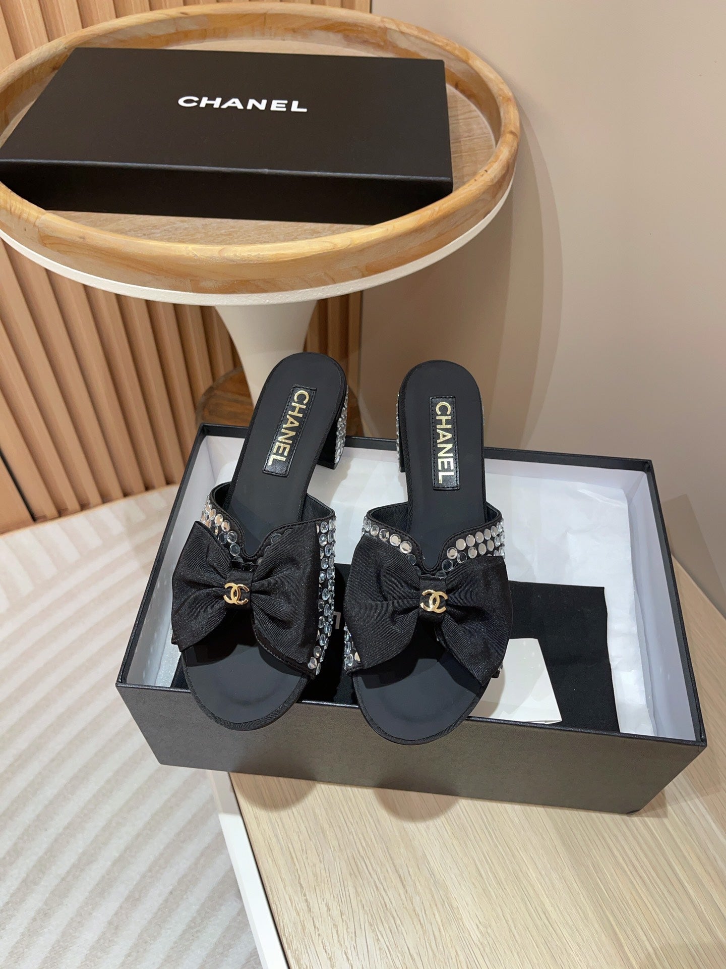 CC HIGH HEEL BLACK SATIN WITH WHITE RHINESTONES