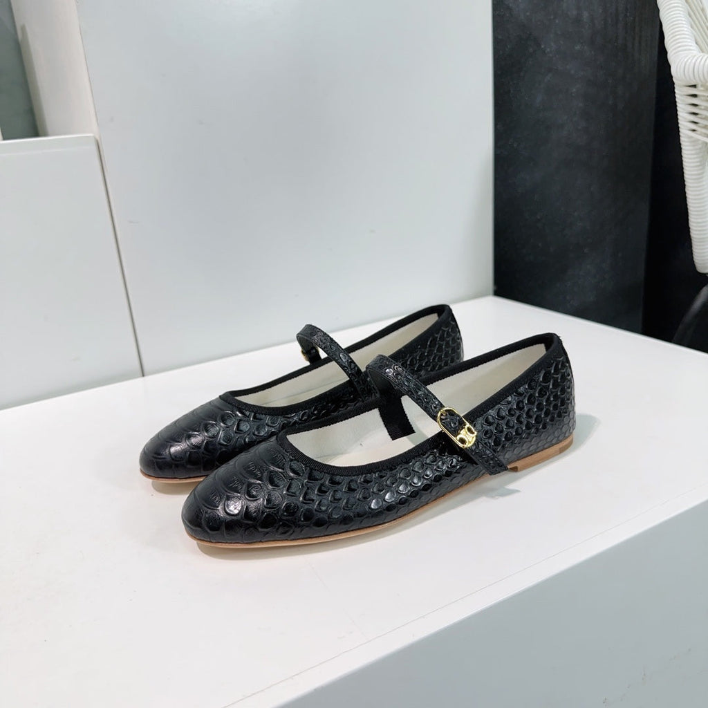 BALLET FLAT IN BLACK EMBOSSED CALFSKIN