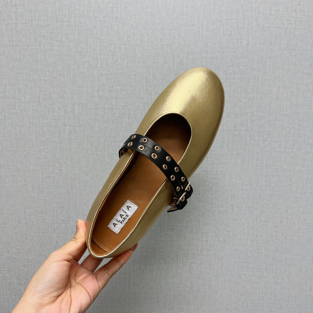 ALAIA MARY JANE SHOES IN GOLDEN LAMBSKIN SILVER HARDWARE
