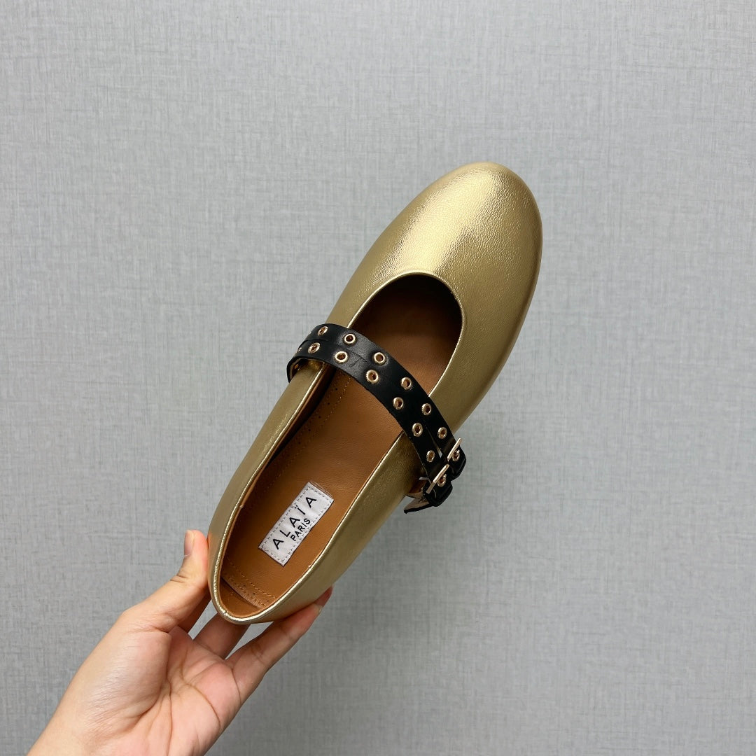 ALAIA MARY JANE SHOES IN GOLDEN LAMBSKIN SILVER HARDWARE