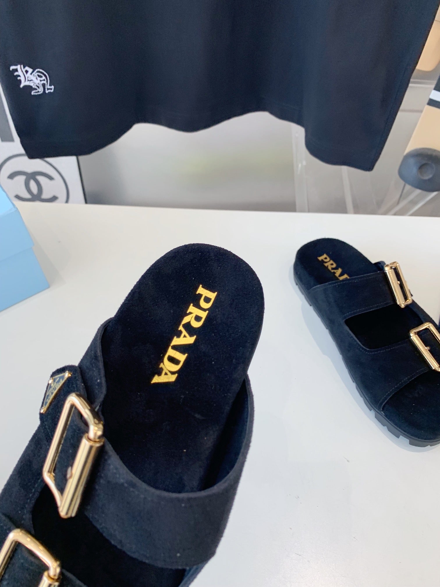 PRA STRAP SLIDES SANDALS DARK BLUE SUEDE