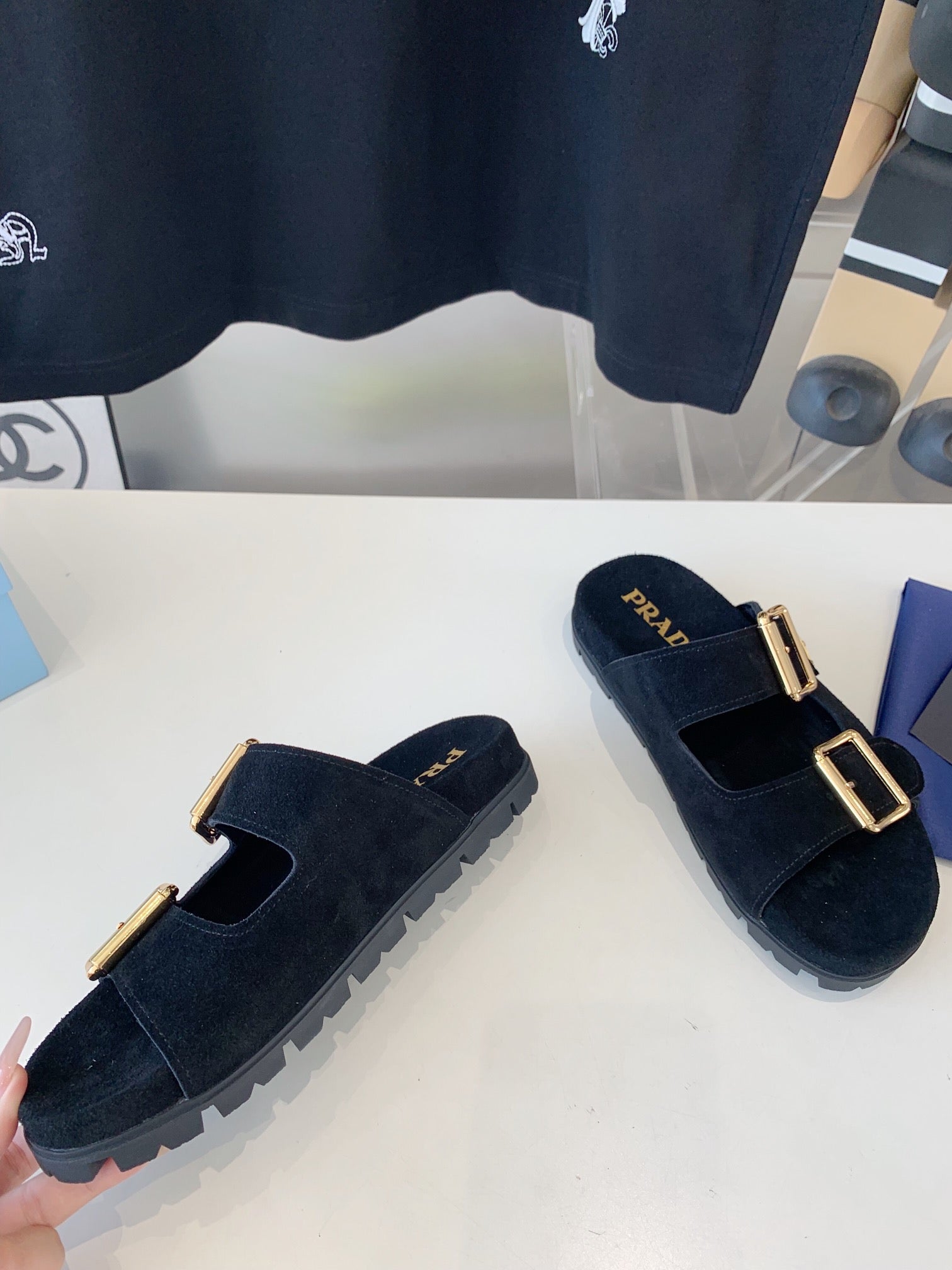 PRA STRAP SLIDES SANDALS DARK BLUE SUEDE