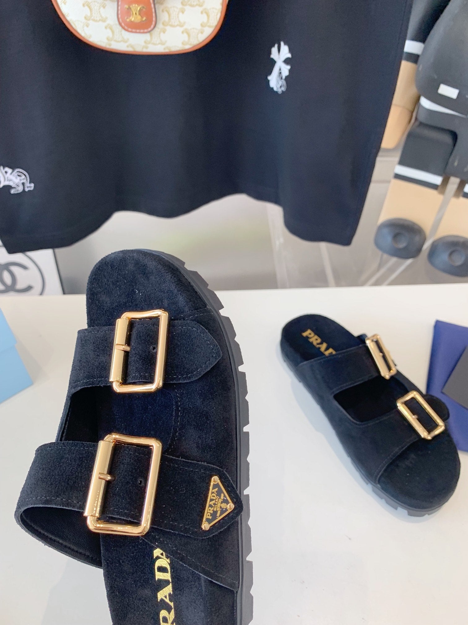 PRA STRAP SLIDES SANDALS DARK BLUE SUEDE