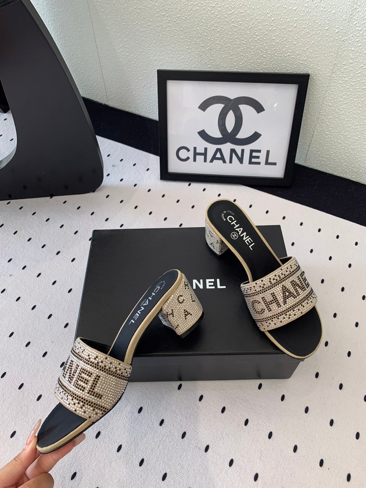 RHINESTONE LETTER HIGH HEELS CARAMEL BROWN AND BLACK LAMBSKIN