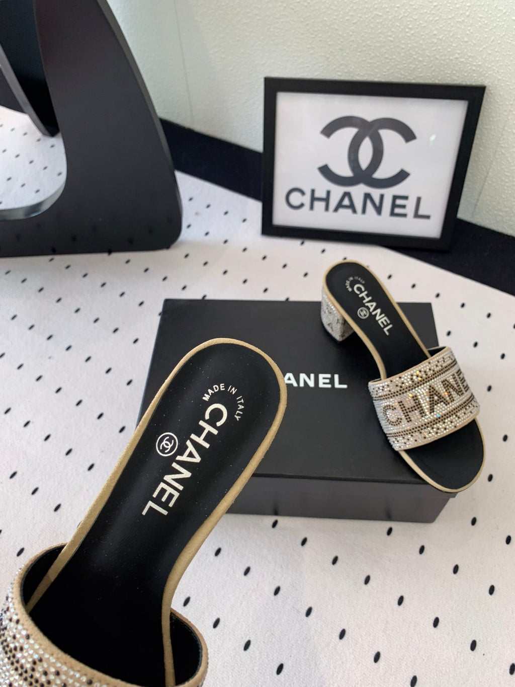 RHINESTONE LETTER HIGH HEELS CARAMEL BROWN AND BLACK LAMBSKIN