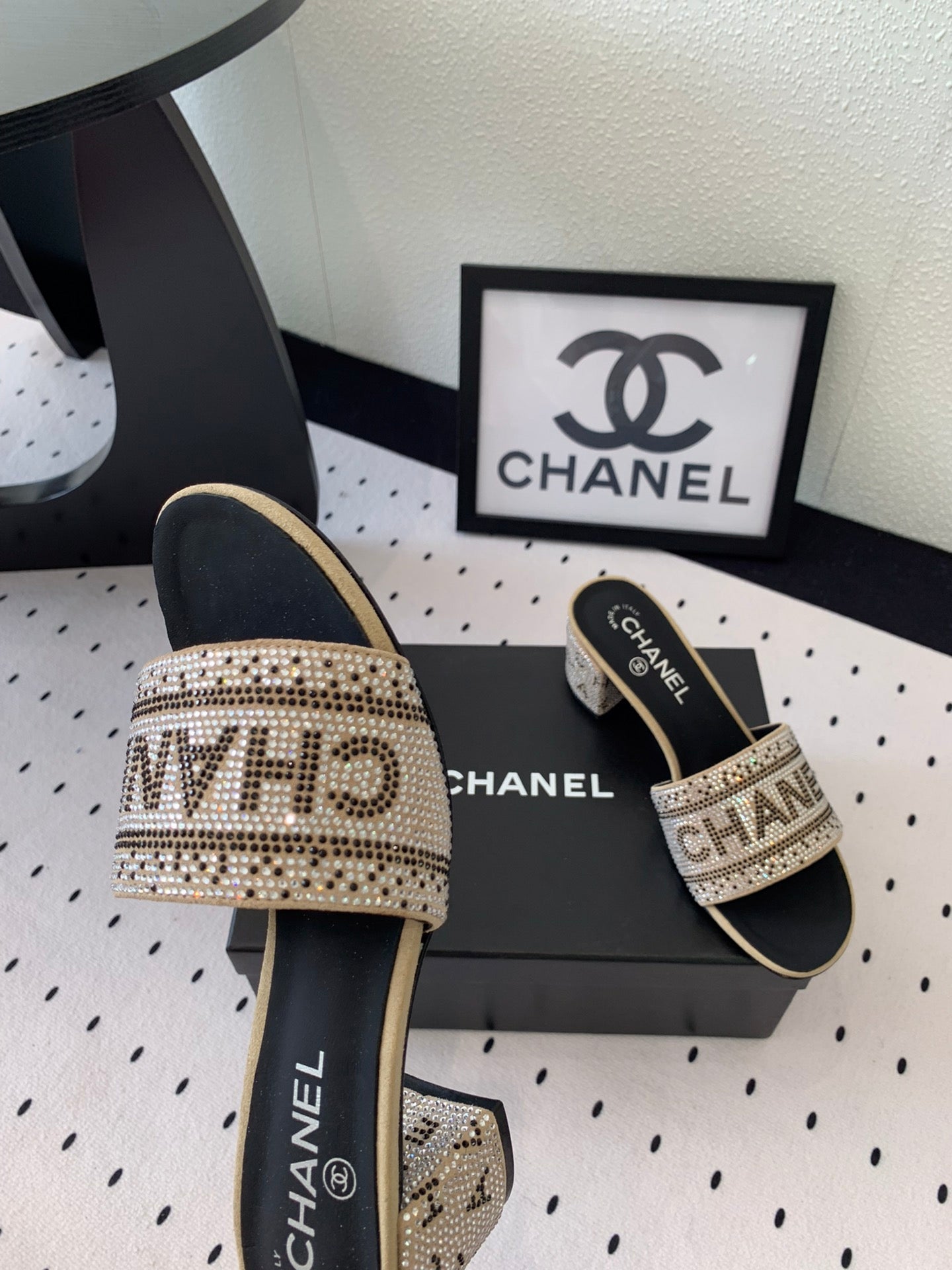 RHINESTONE LETTER HIGH HEELS CARAMEL BROWN AND BLACK LAMBSKIN