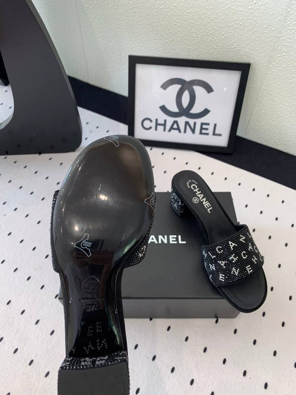 RHINESTONE LETTER HIGH HEELS BLACK LAMBSKIN