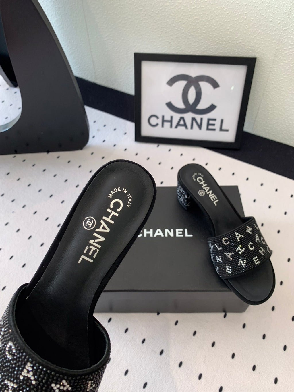 RHINESTONE LETTER HIGH HEELS BLACK LAMBSKIN