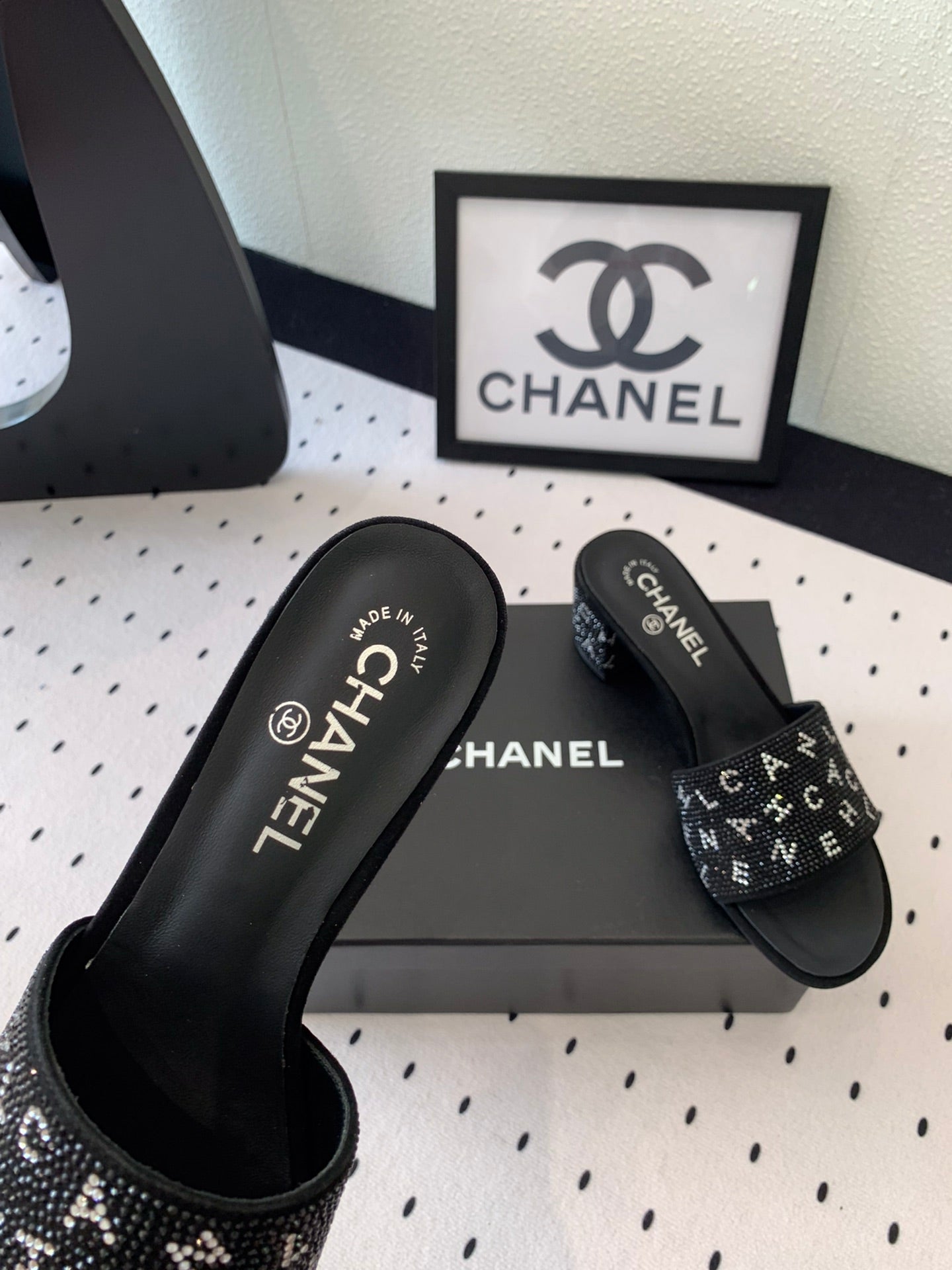 RHINESTONE LETTER HIGH HEELS BLACK LAMBSKIN