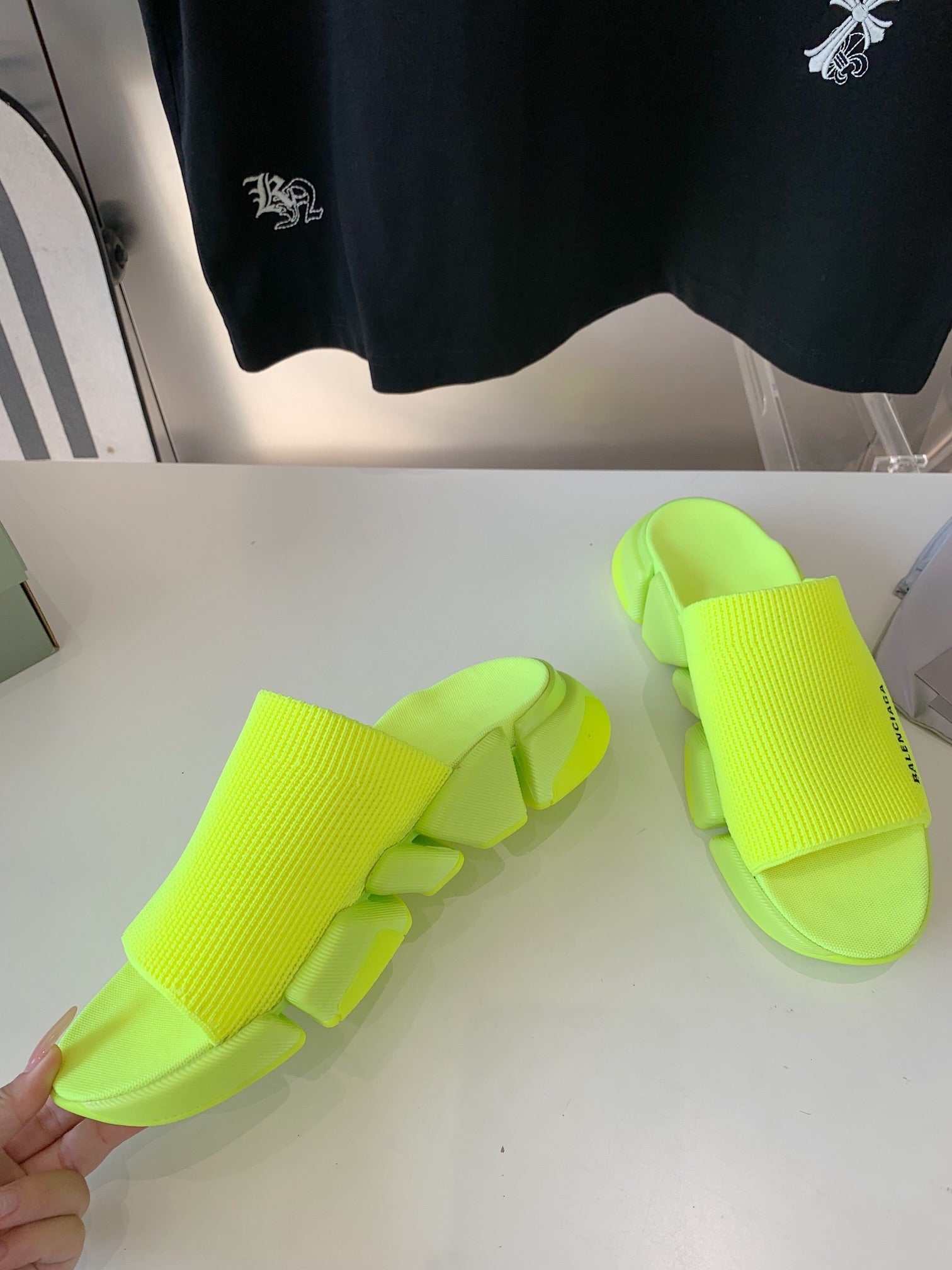 SPEED 2.0 SLIDE SANDAL IN NEON GREEN RECYCLED KNIT