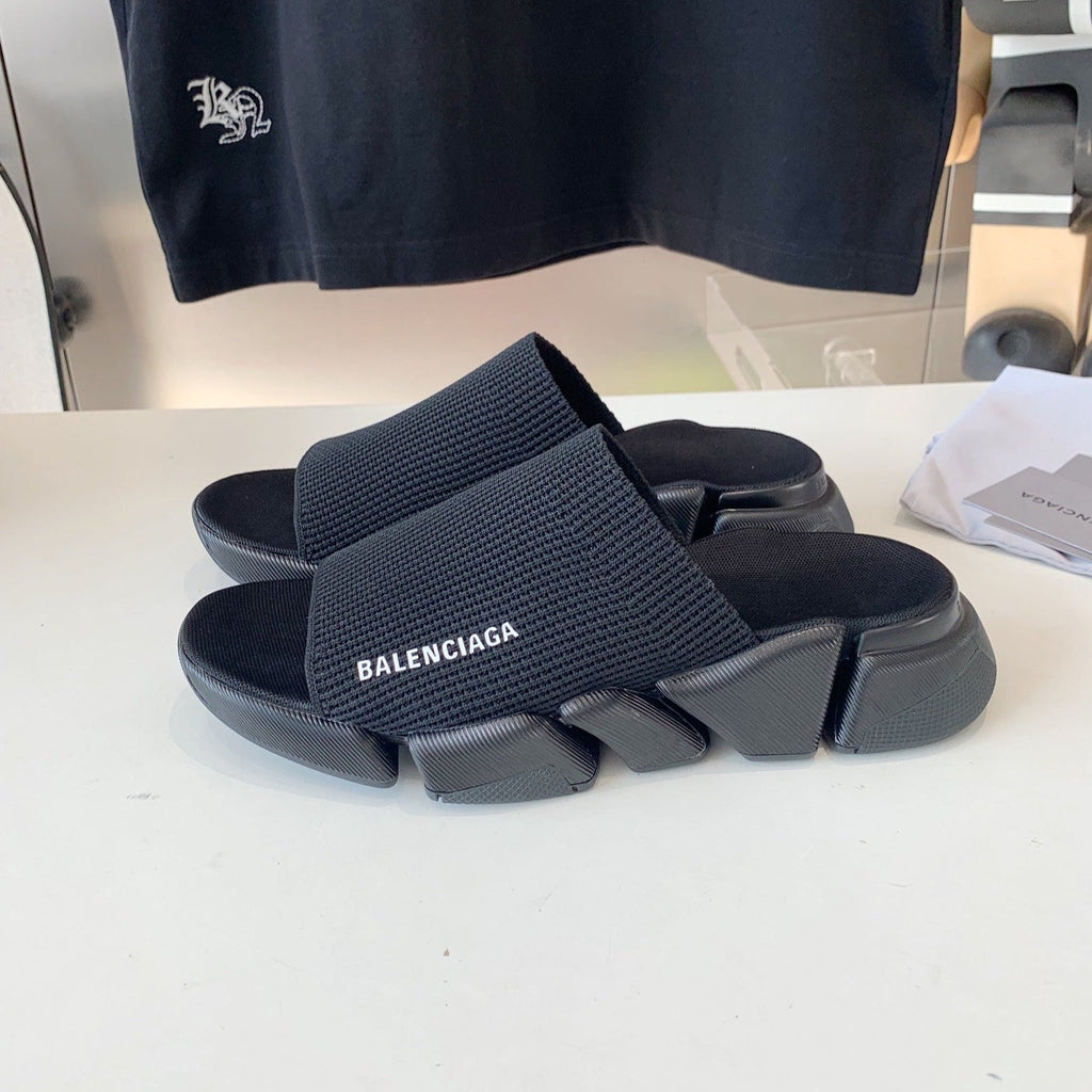 SPEED 2.0 SLIDE SANDAL IN BLACK RECYCLED KNIT AND BLACK SOLE