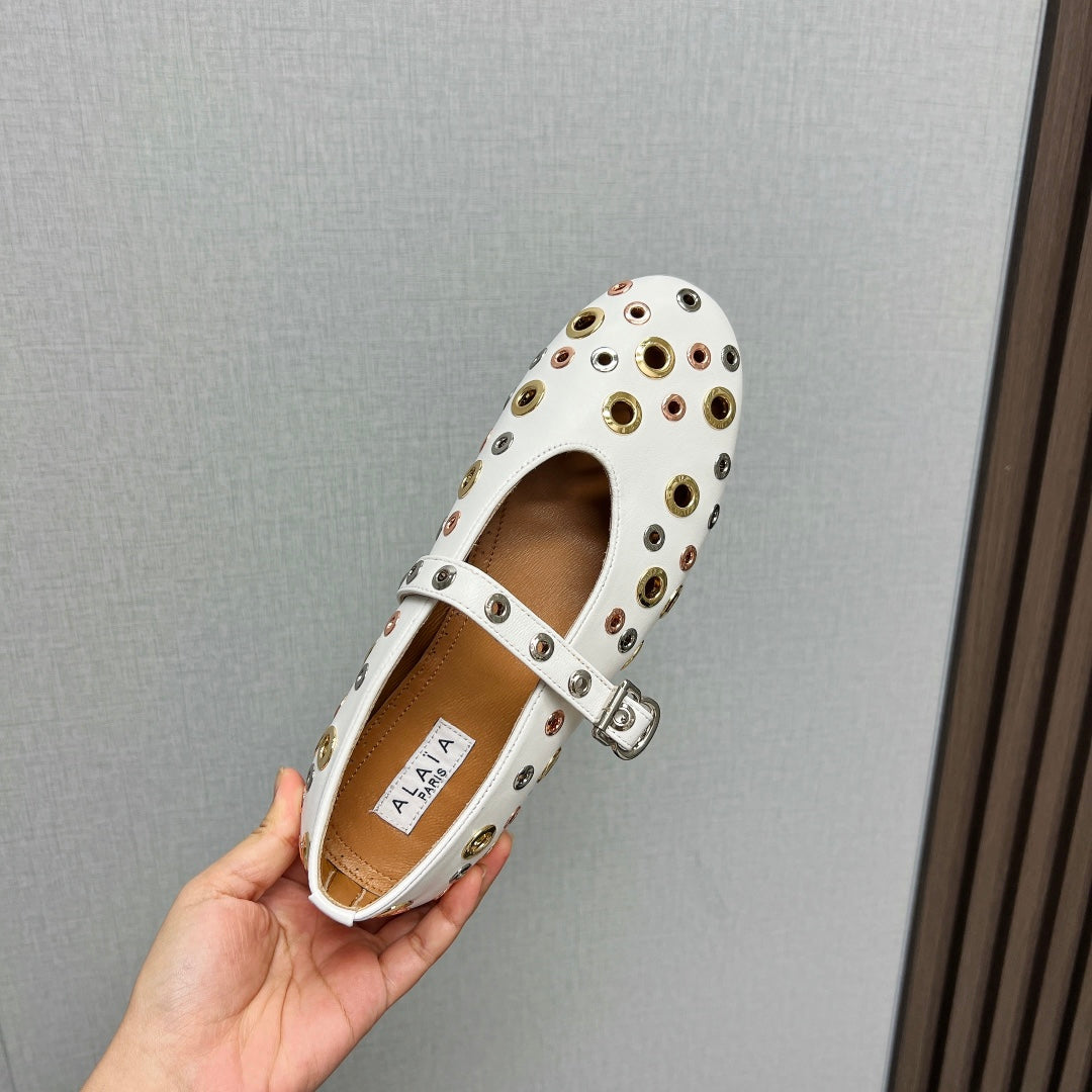 ALAIA MARY JANE SHOES IN WHITE LAMBSKIN GOLD MIX SILVER HARDWARE