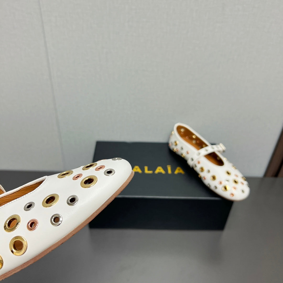 ALAIA MARY JANE SHOES IN WHITE LAMBSKIN GOLD MIX SILVER HARDWARE