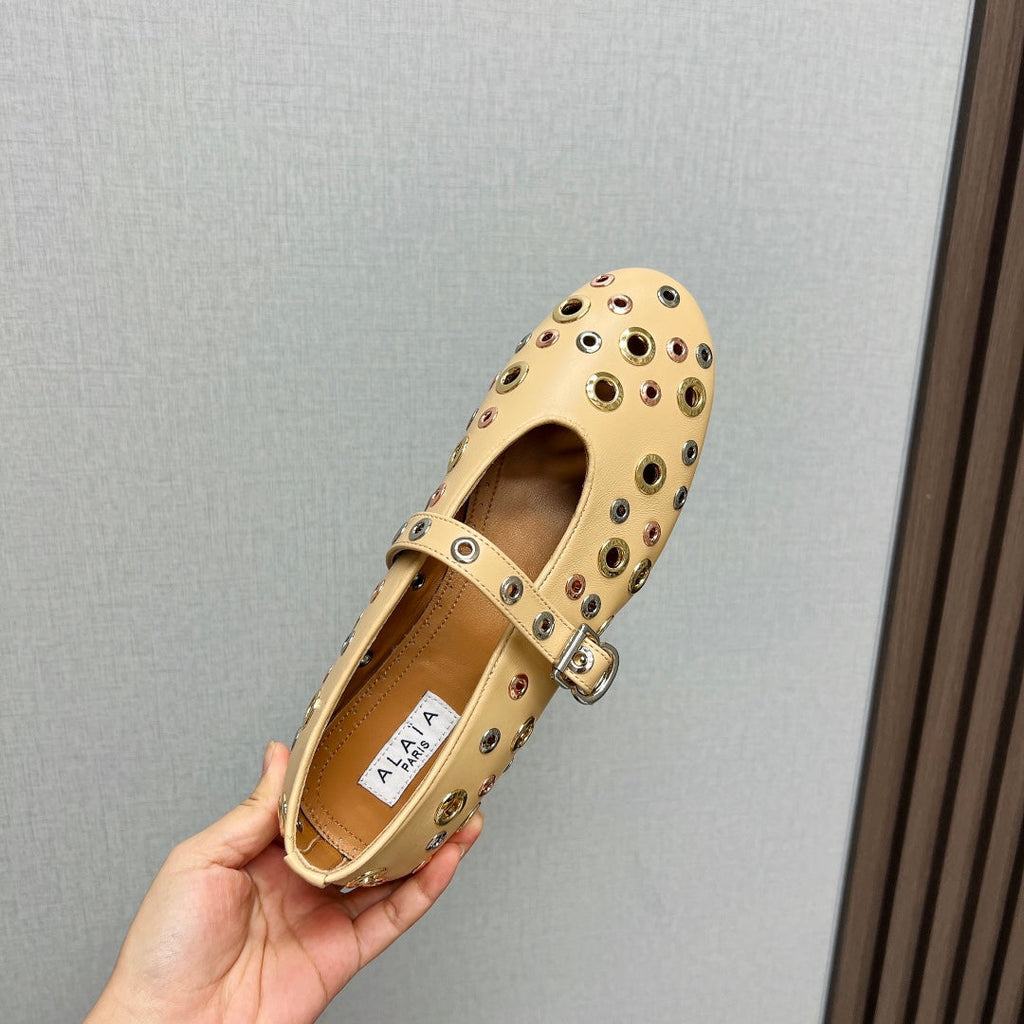 ALAIA MARY JANE SHOES IN BEIGE CREAM LAMBSKIN GOLD MIX SILVER HARDWARE