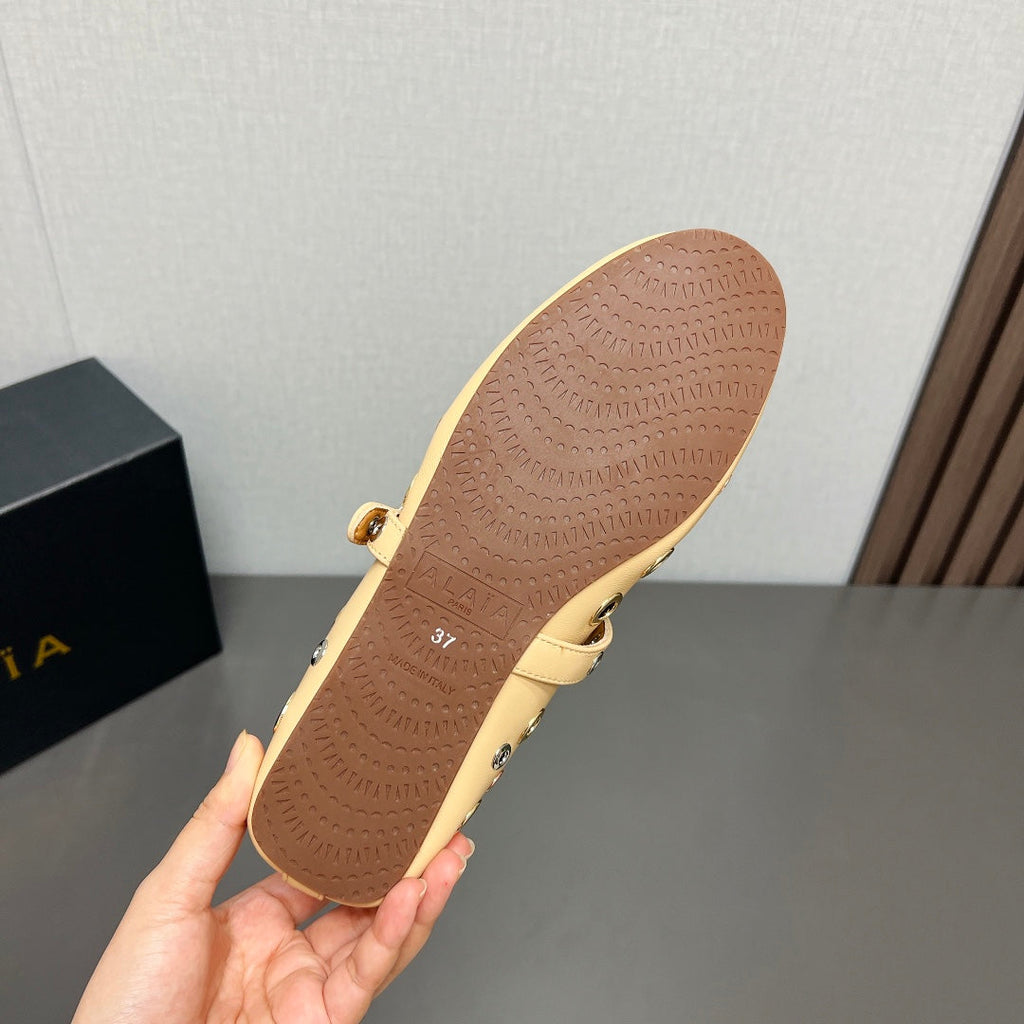 ALAIA MARY JANE SHOES IN BEIGE CREAM LAMBSKIN GOLD MIX SILVER HARDWARE