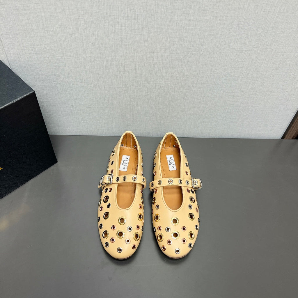 ALAIA MARY JANE SHOES IN BEIGE CREAM LAMBSKIN GOLD MIX SILVER HARDWARE