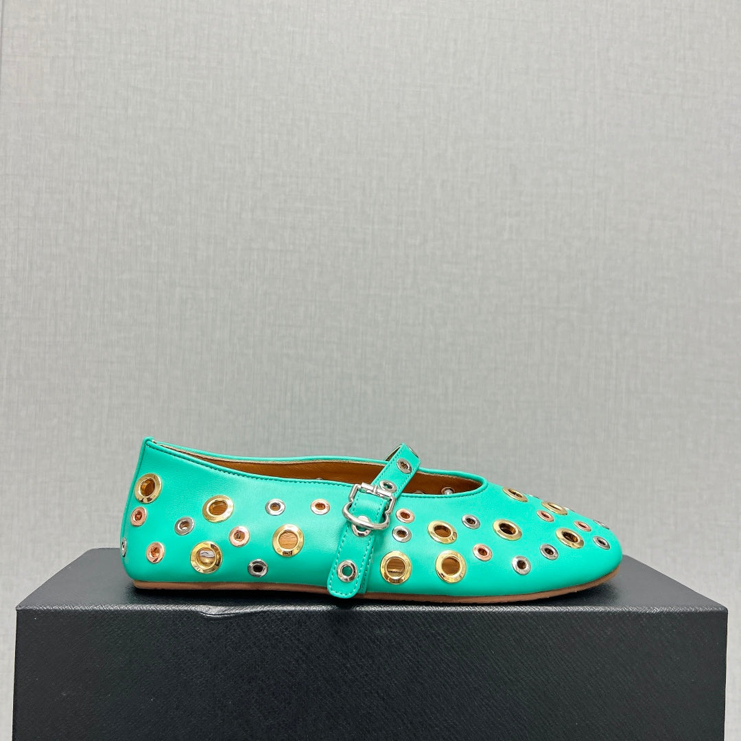 ALAIA MARY JANE SHOES IN GREEN MINT LAMBSKIN GOLD MIX SILVER HARDWARE