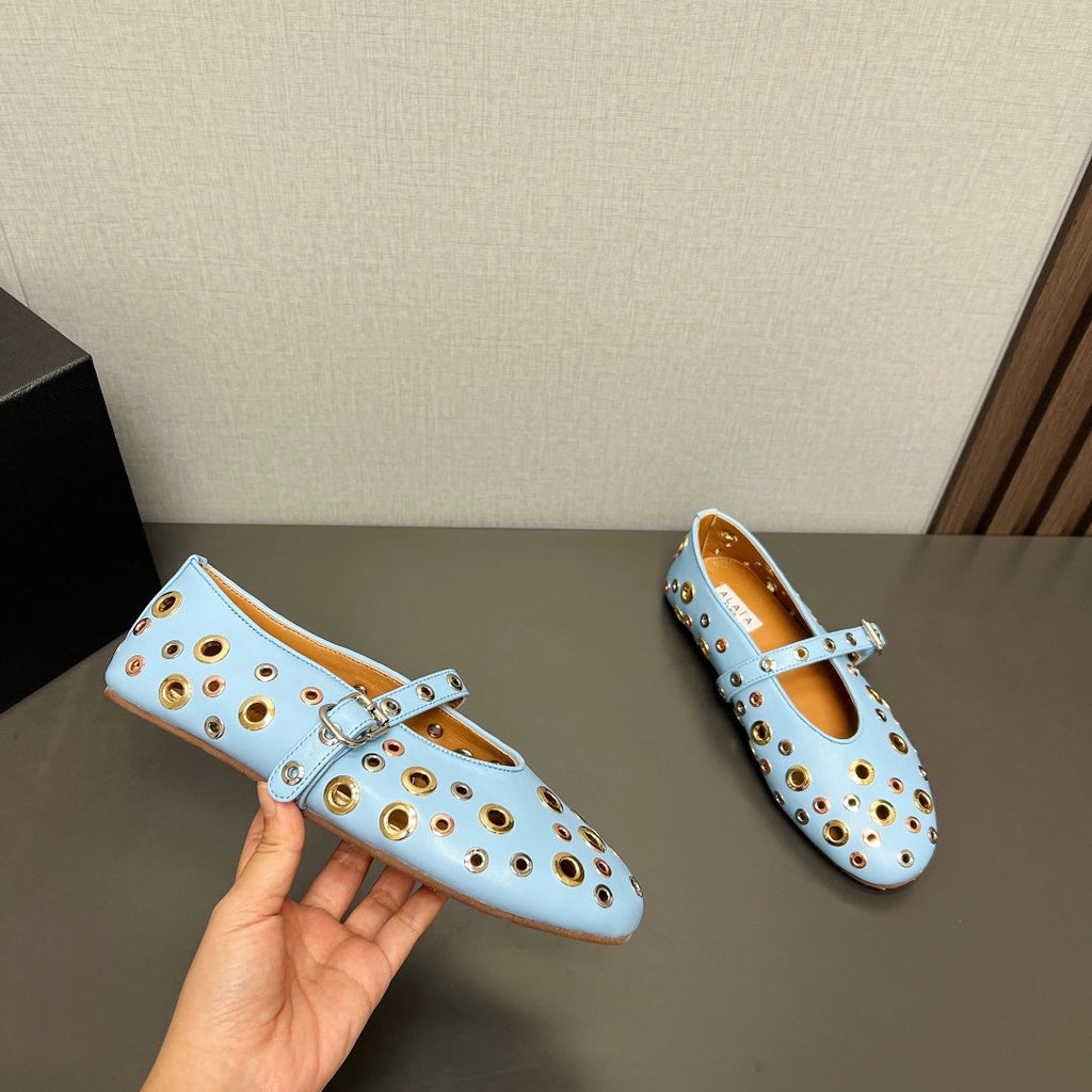 ALAIA MARY JANE SHOES IN LIGHT BLUE LAMBSKIN GOLD MIX SILVER HARDWARE