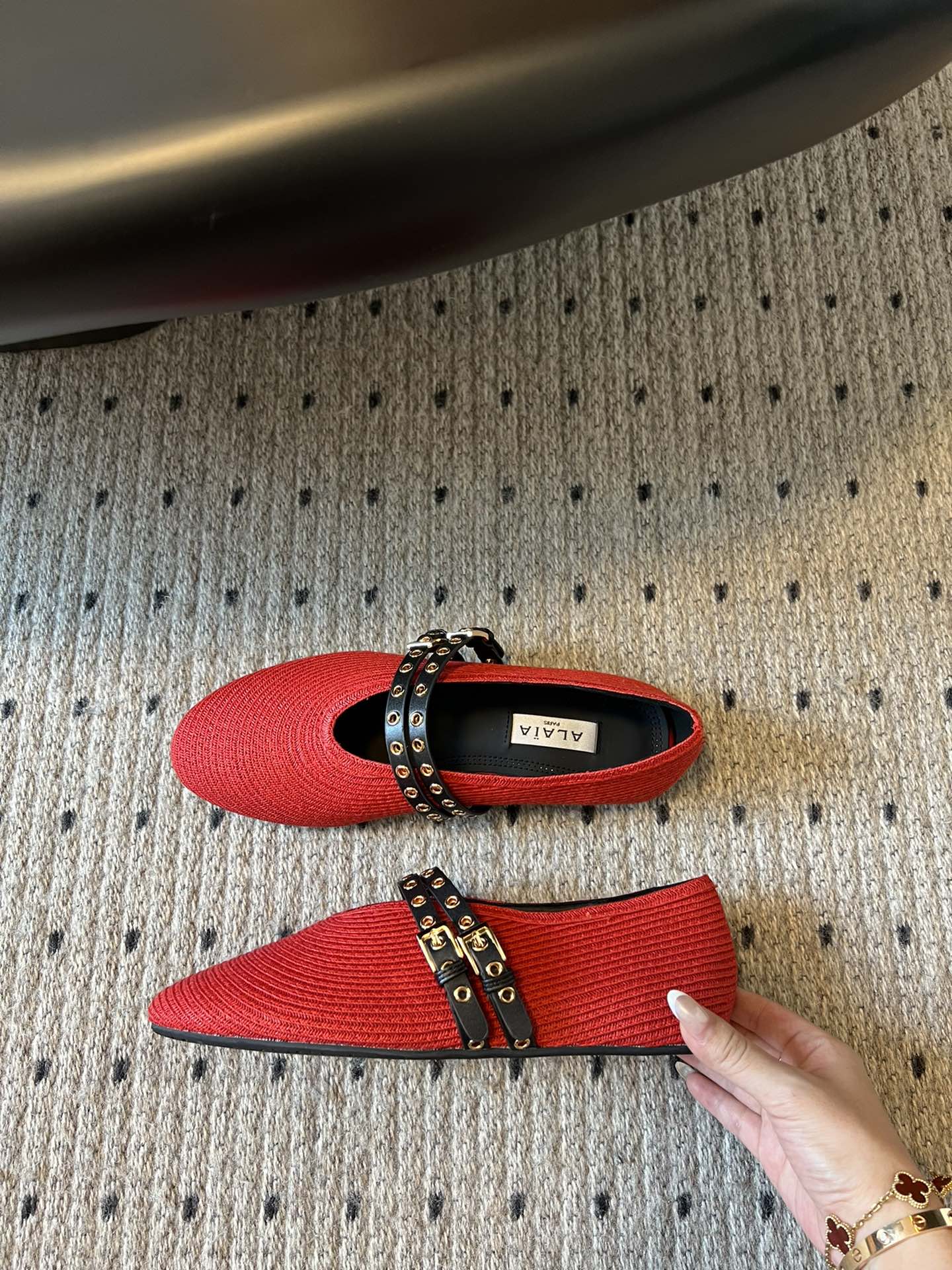 ALAIA MARY JANE SHOES IN CHERRY RED ZP CUSTOM STRAW AND DENIM