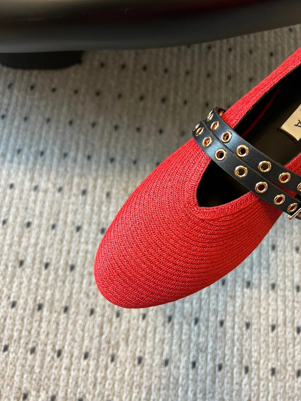 ALAIA MARY JANE SHOES IN CHERRY RED ZP CUSTOM STRAW AND DENIM