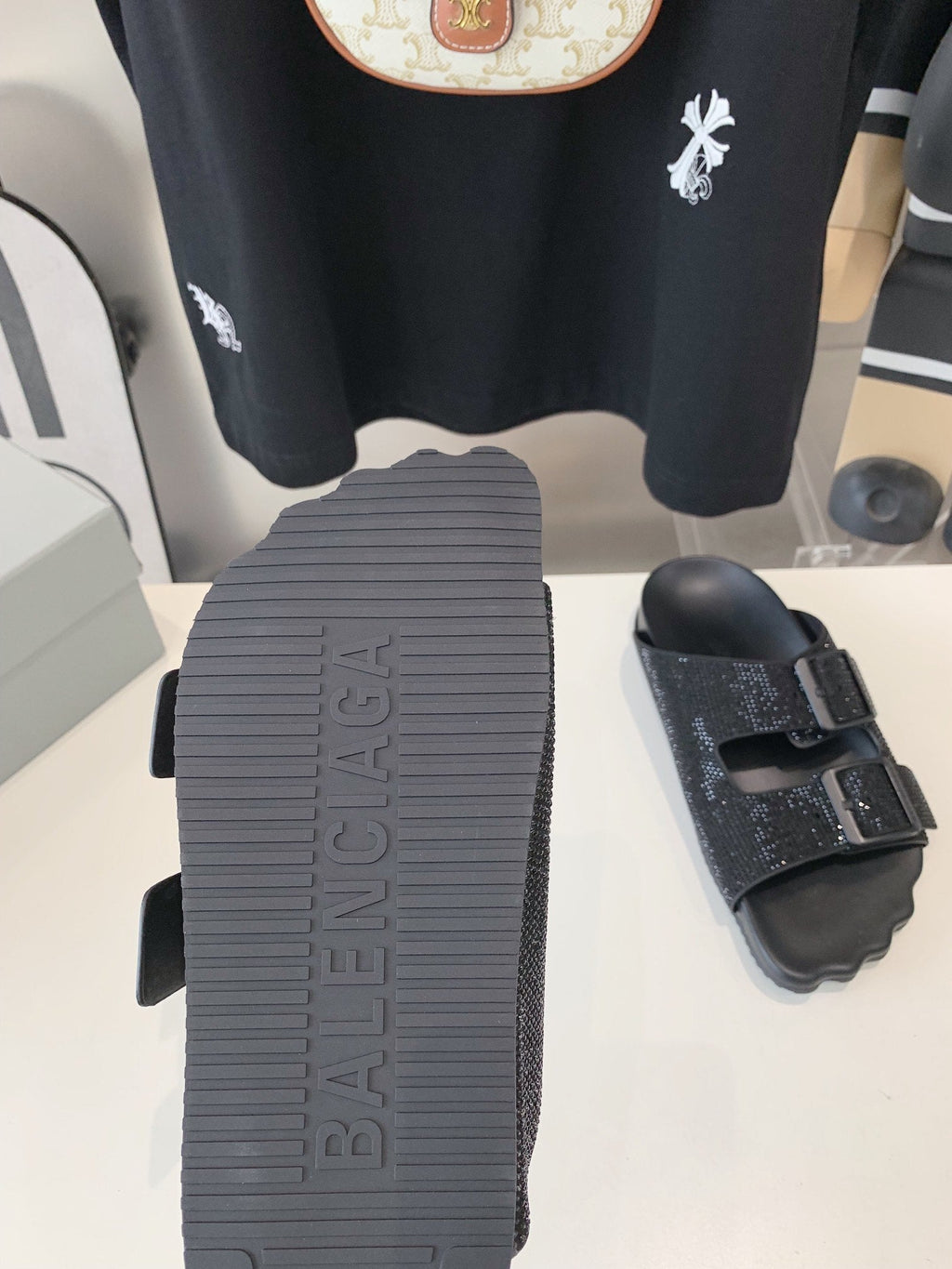 BIRKENSTOCK SLIPPERS ATTACHED RHINESTONES IN BLACK CALFSKIN