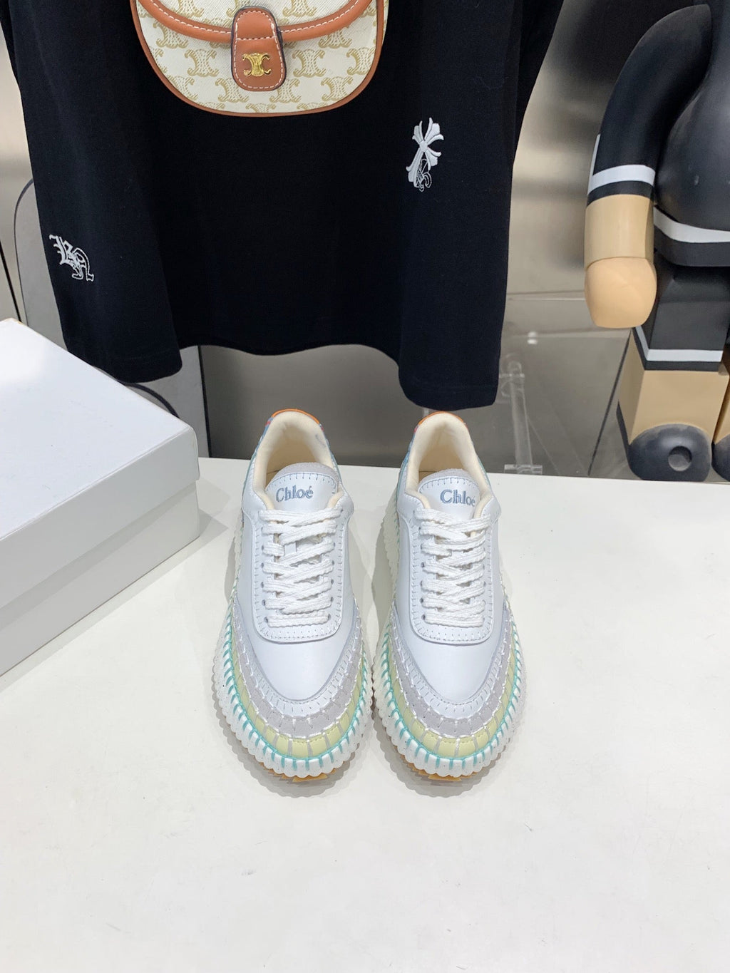 CHLOÉ NAMA SNEAKER 5 CM IN WHITE MIX GREEN CALFSKIN