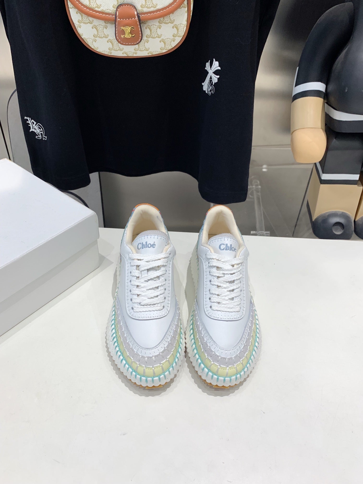 CHLOÉ NAMA SNEAKER 5 CM IN WHITE MIX GREEN CALFSKIN