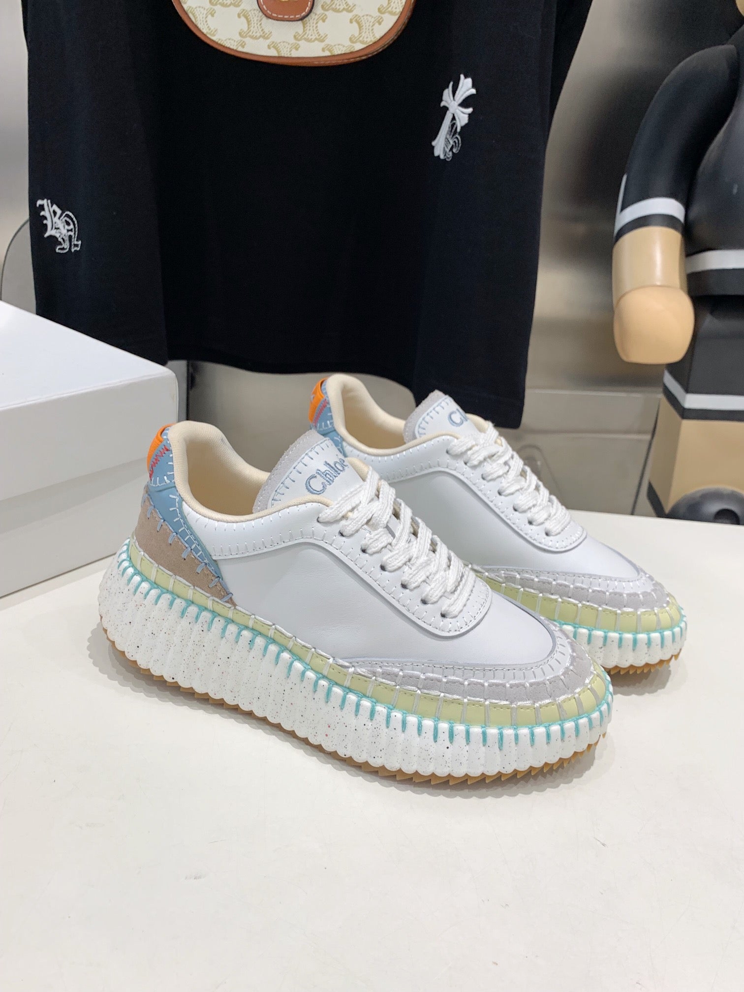 NAMA SNEAKER 5 CM IN WHITE MIX GREEN CALFSKIN