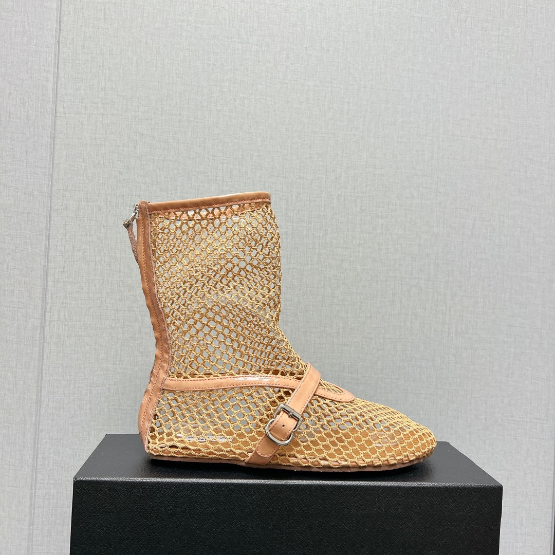 ALAIA SHORT BOOTS IN BEIGE MESH FISHNET