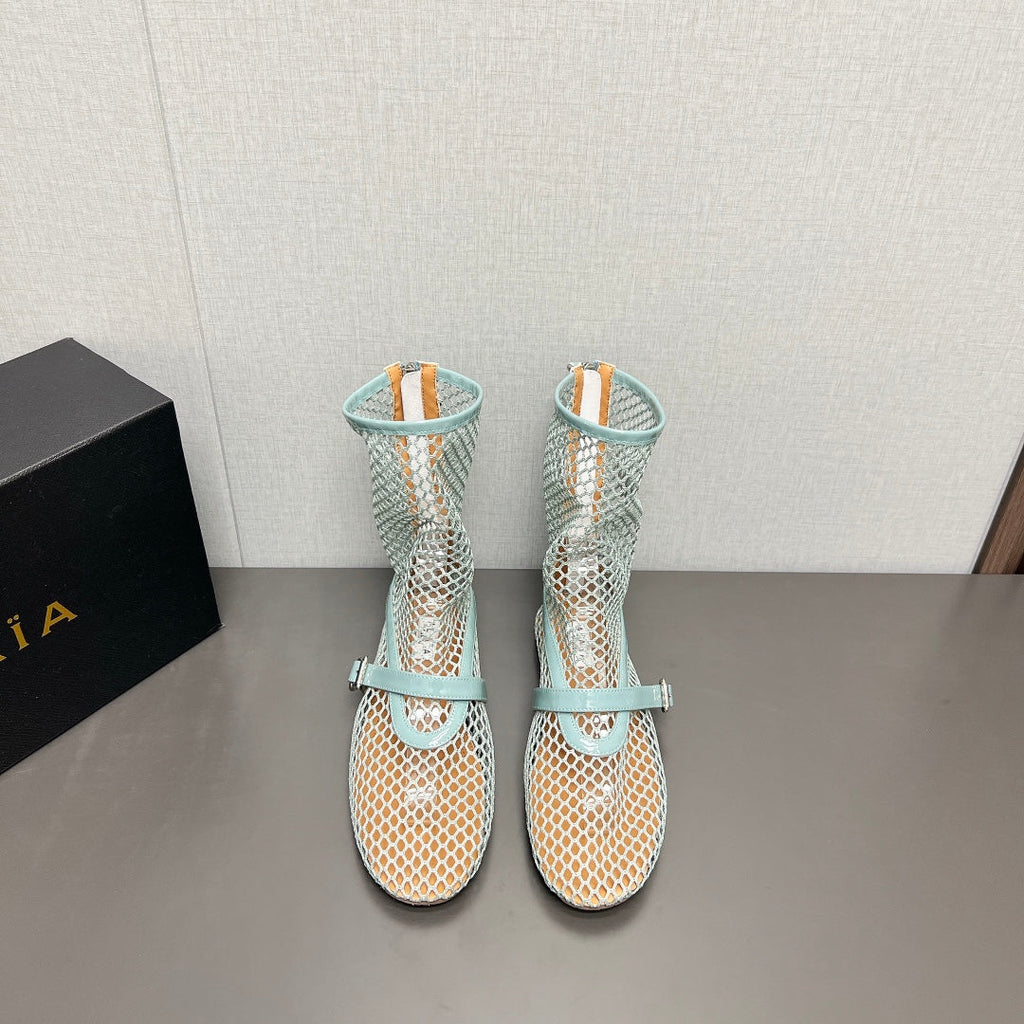 ALAIA SHORT BOOTS IN LIGHT BLUE MESH FISHNET