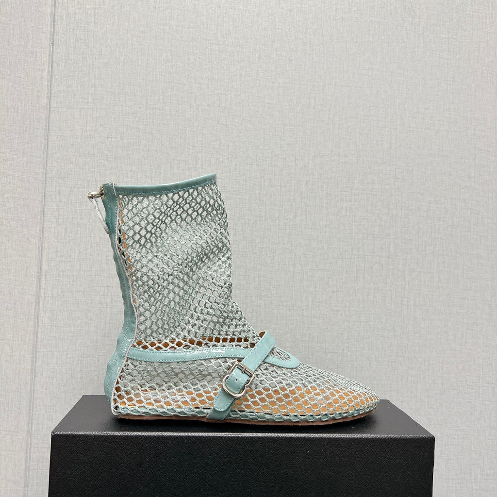 ALAIA SHORT BOOTS IN LIGHT BLUE MESH FISHNET