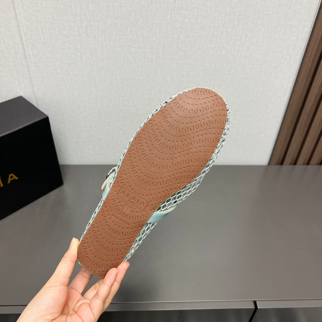 ALAIA SHORT BOOTS IN LIGHT BLUE MESH FISHNET