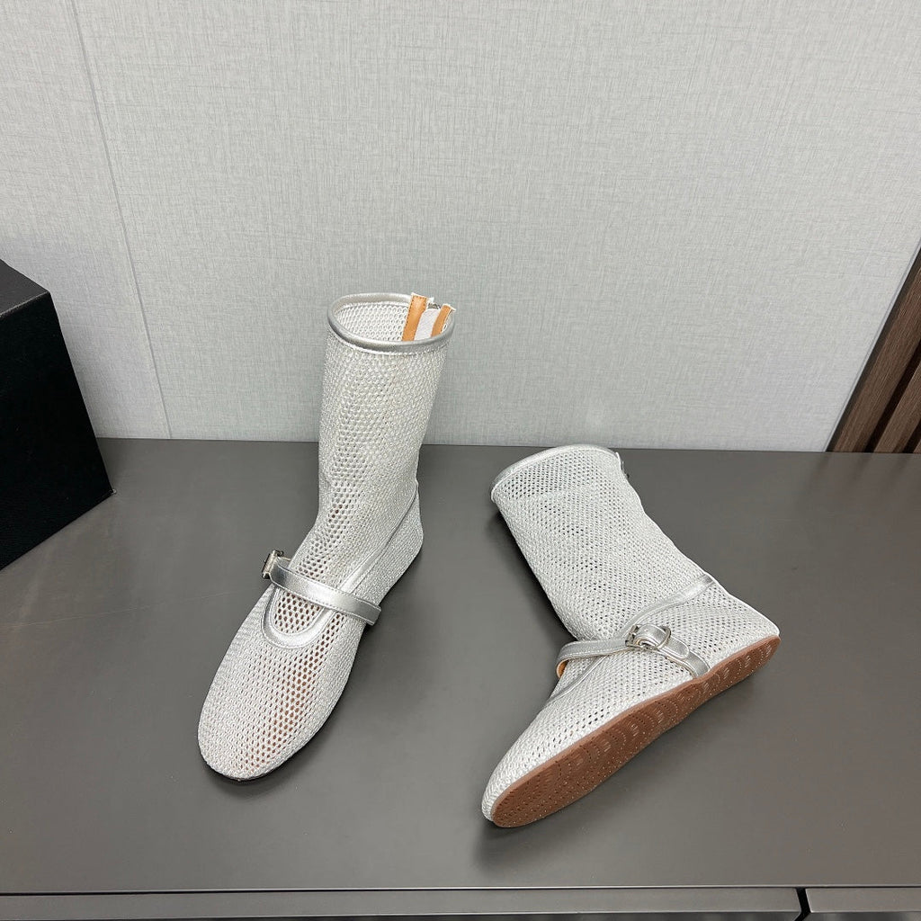 ALAIA SHORT BOOTS IN SILVER MESH FISHNET