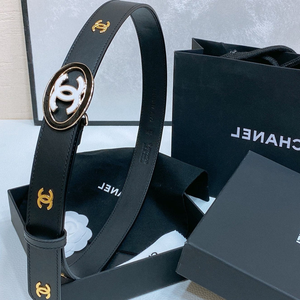 CC 30MM BELT IN BLACK SMOOTH CALFSKIN WHITE MIX BLACK METAL LOGO GOLD HARDWARE
