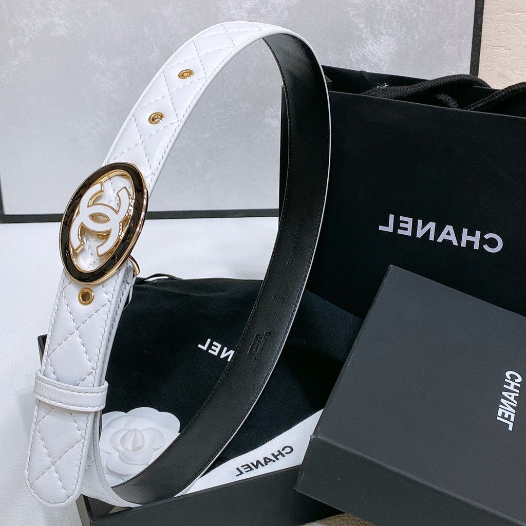 CC 30MM BELT IN WHITE EMBROIDERED CALFSKIN WHITE MIX BLACK METAL LOGO GOLD HARDWARE