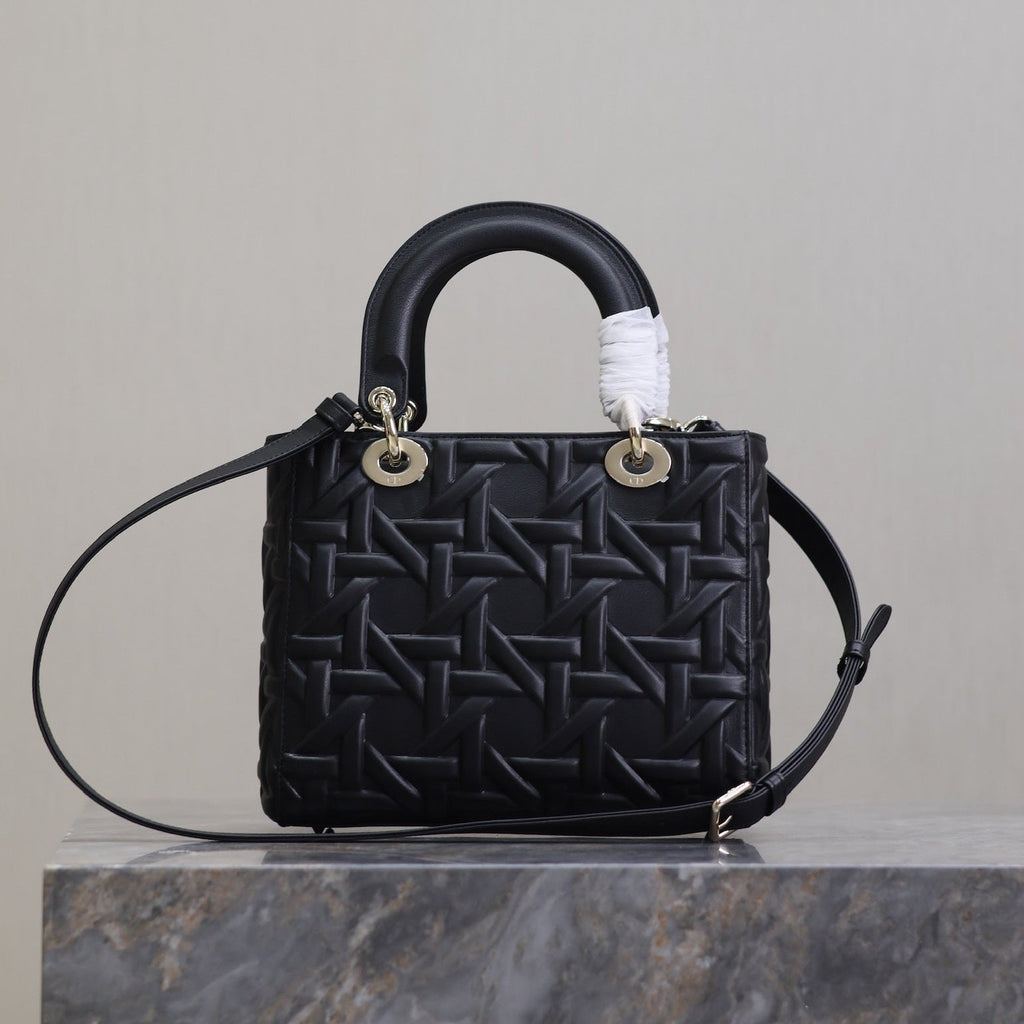 LADY BAG 24 IN BLACK GRAPHIC CANNAGE CALFSKIN PALE GOLD-FINISH METAL CHARMS