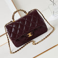 FLAP BAG WITH TOP HANDLE 25 IN WINE RED OIL-WAX LAMBSKIN GOLD HARDWARE