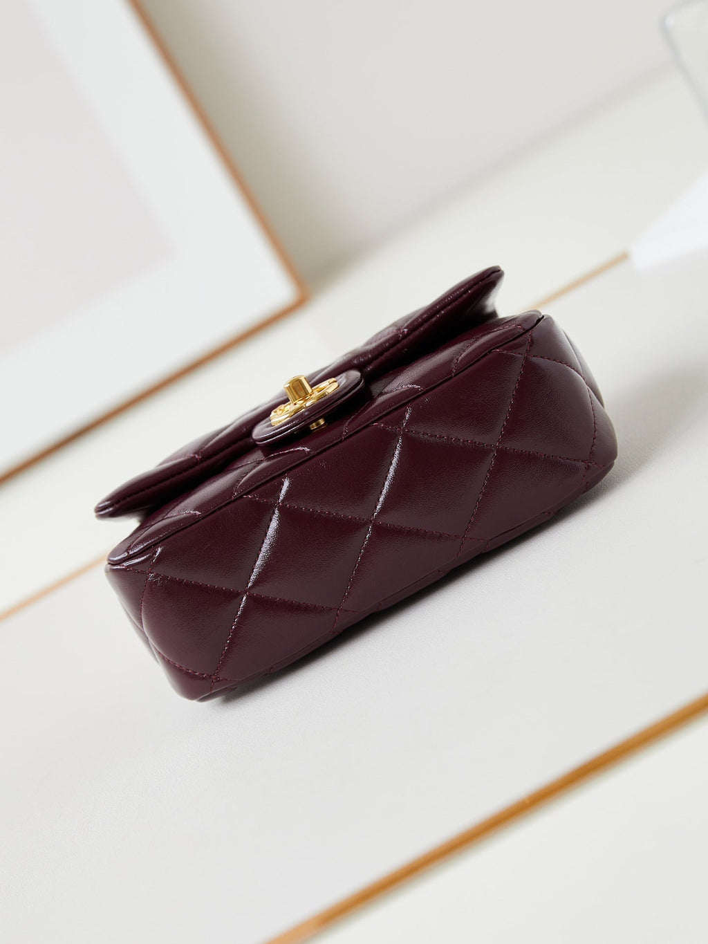 FLAP BAG WITH TOP HANDLE 18 IN WINE RED OIL-WAX LAMBSKIN GOLD HARDWARE