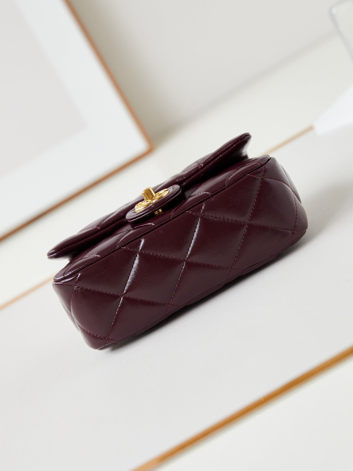 FLAP BAG WITH TOP HANDLE 18 IN WINE RED OIL-WAX LAMBSKIN GOLD HARDWARE