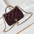 FLAP BAG WITH TOP HANDLE 18 IN WINE RED OIL-WAX LAMBSKIN GOLD HARDWARE