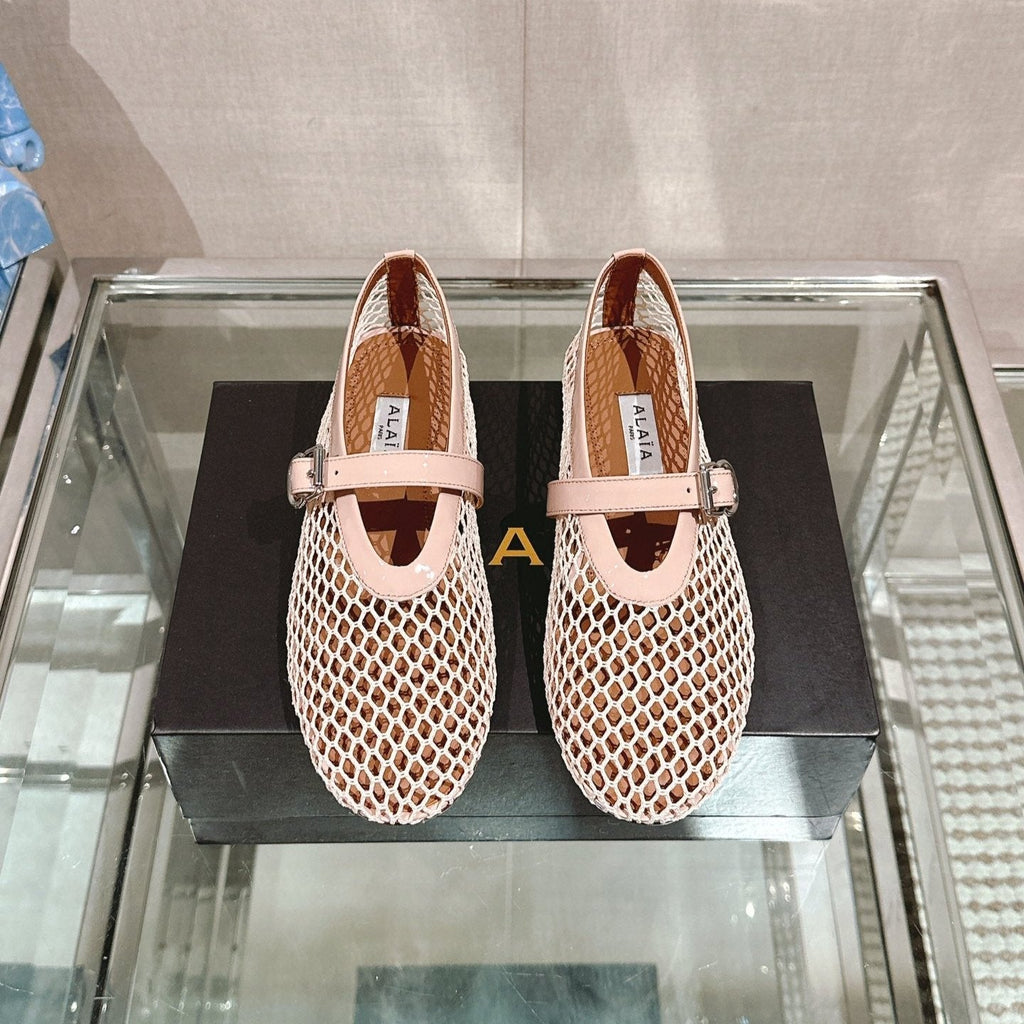 ALAIA BALLET FLATS IN NUDE BEIGE MESH