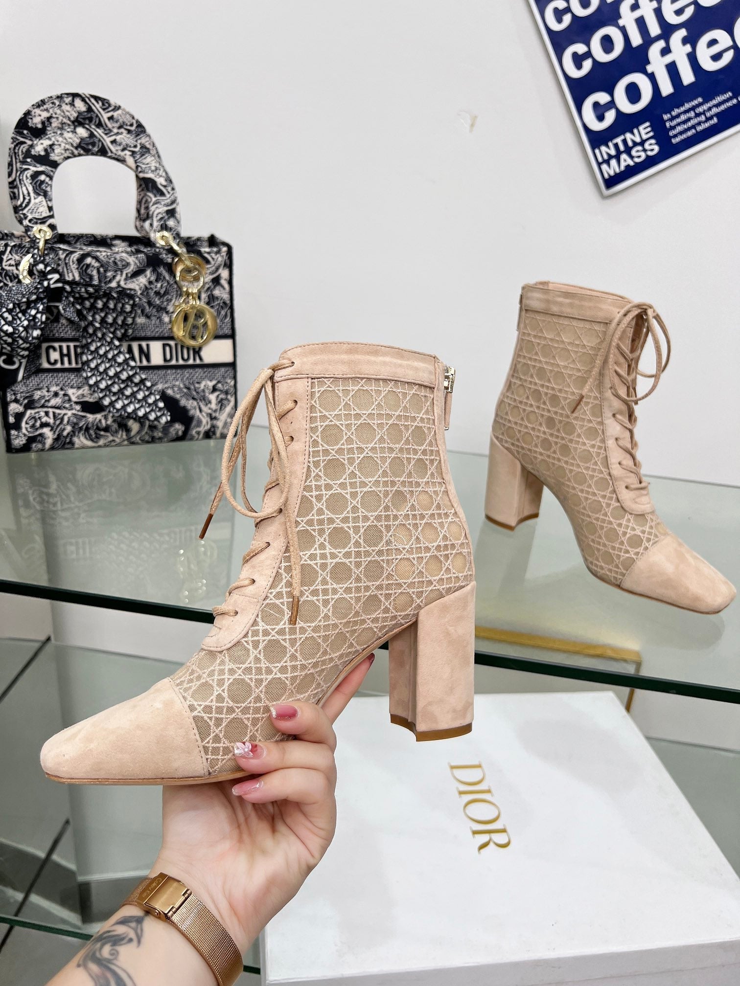 NAUGHTILY-D HEELED ANKLE BOOT IN BISQUE BEIGE CANNAGE MOTIF MESH AND SUEDE 8 CM