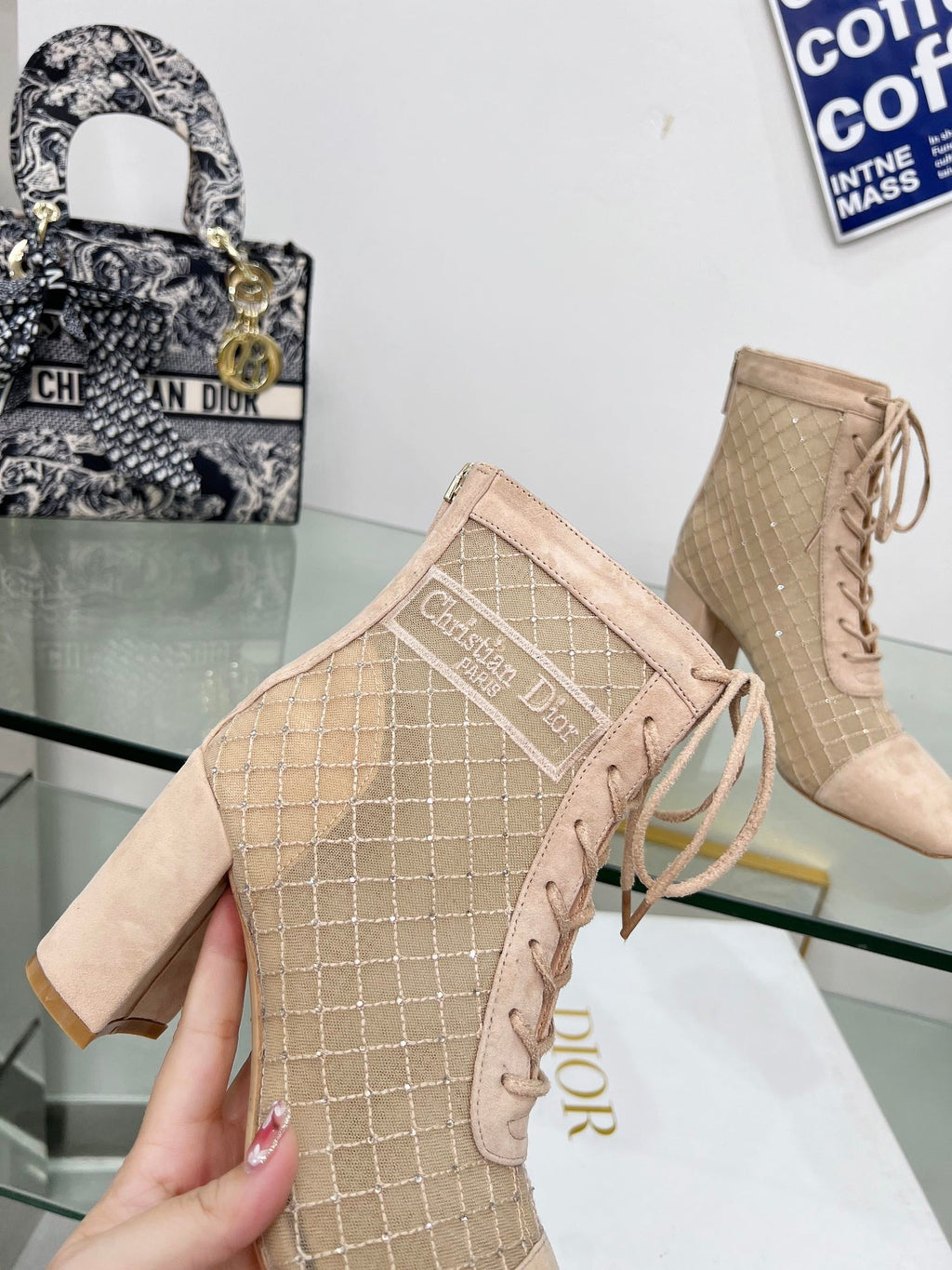 NAUGHTILY-D HEELED ANKLE BOOT IN BISQUE BEIGE EMBROIDERED MESH AND SUEDE 8 CM